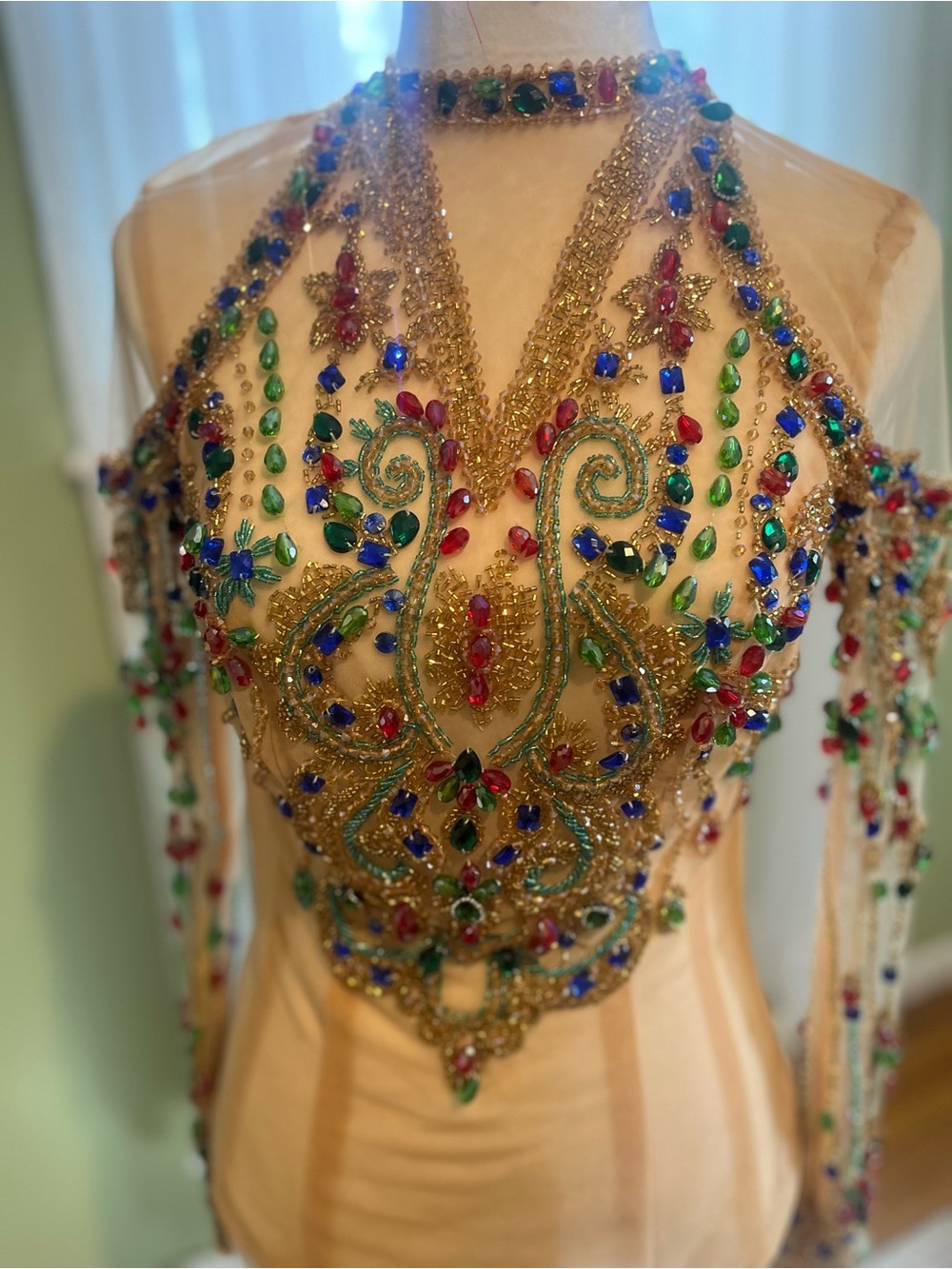 Embellished Gold Halter Evening top with Multicolor Jewel Accents